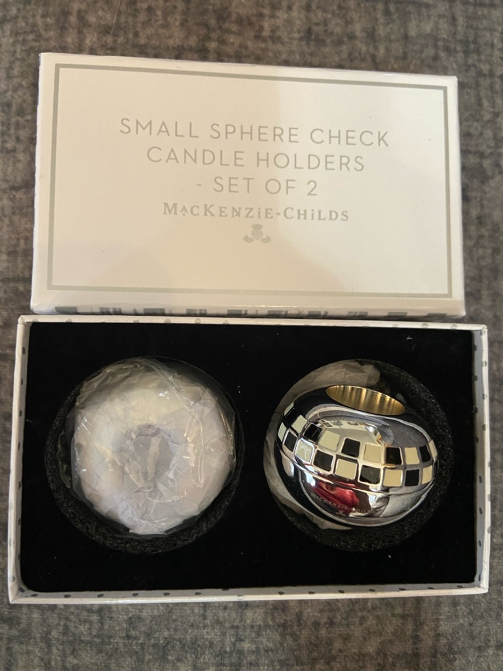 MacKenzie-Childs Small Sphere Check Candle Holders - Silver tone & black white